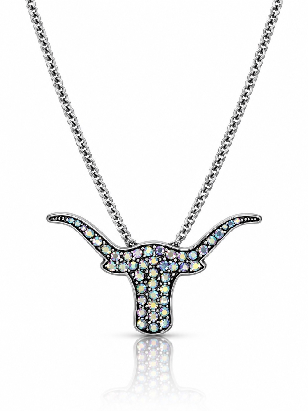 Crystal Longhorn Pendant Necklace - Silver with Iridescent Stones